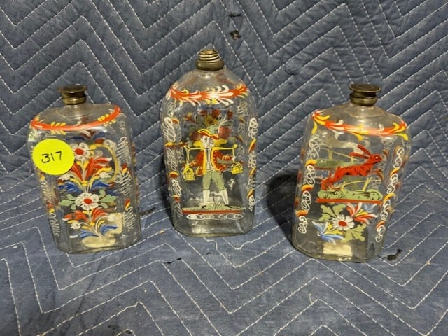 3 Early Stiegel Bottle or Flasks: Nicely decorated; one missing cover.