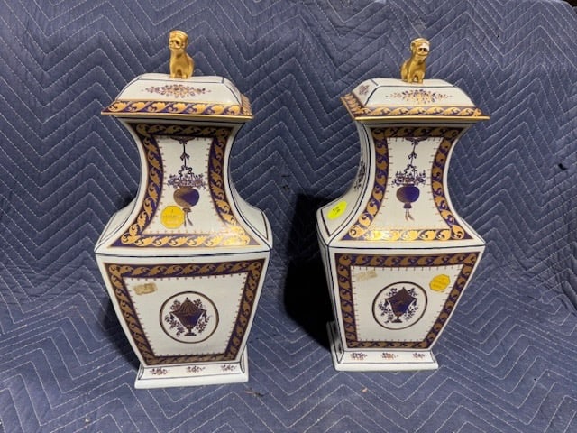 Pair of Mottahedeh Porcelain Vases: 17-1/2" x 8". Foo Dog Cover Finials; Original label