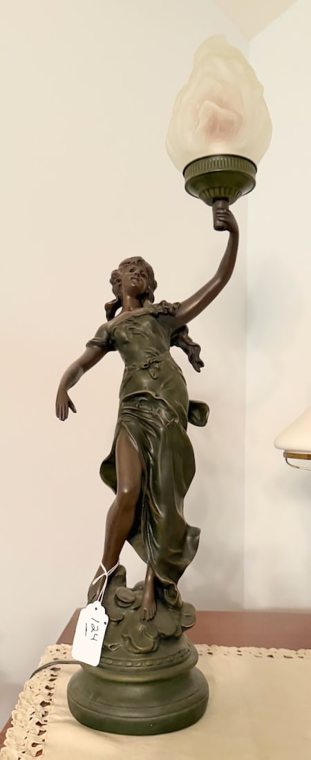 Newel Post or Statue Lamp: Torch shade, figural base. 32" tall