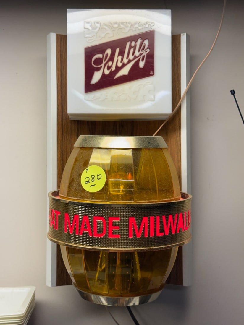 Schlitz Wall Beer Sign: The Beer That Made Milwaukee Famous. Revolves, working