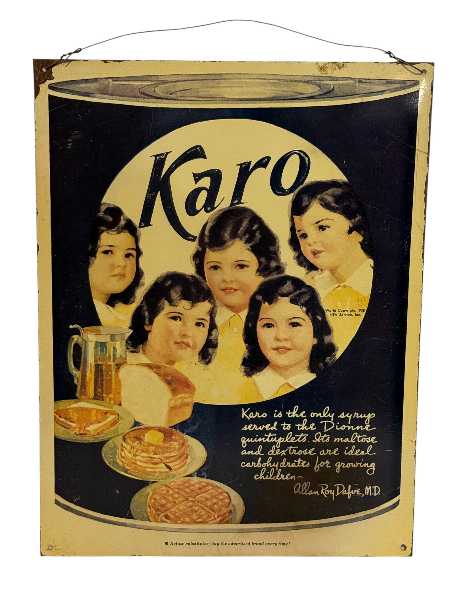 Original 1938 Karo Syrup Embossed Tin Tacker Sign Dionne Quintuplets (1 of 3)