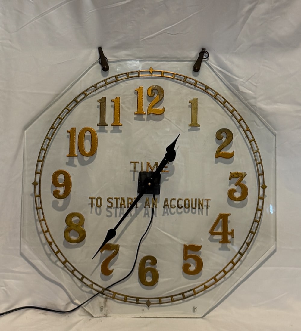Glass "Time To Start An Account" Bank Wall Clock: 24" Octagon, electric.