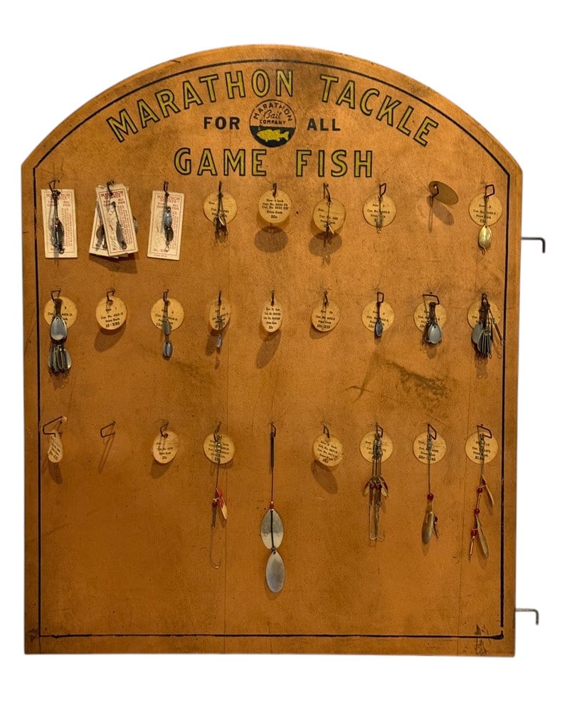 Original 1929 - 1940's Marathon Bait Co. Dealer Display Board: Marathon Bait Co. Wausau, Wis. included is the vintage dealer display board with around 40 original marathon spinners and price tags from 10 cents. it’s made from wood with great colors and graphics