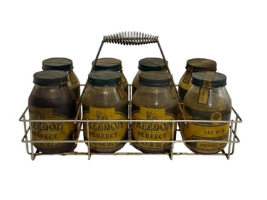 1930's Freedom Perfect Motor Oil Qt. Bottles with Rack