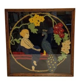 Antique Primitive 1800's Americana Hooked Rug Woman and Peacock Folk Art Textile