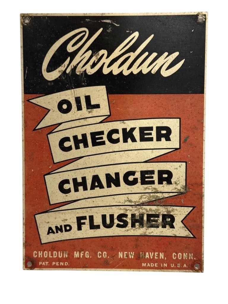 Original 1940's - 50s Choldun Oil Checker Changer & Flusher Tin Sign (1 of 2)