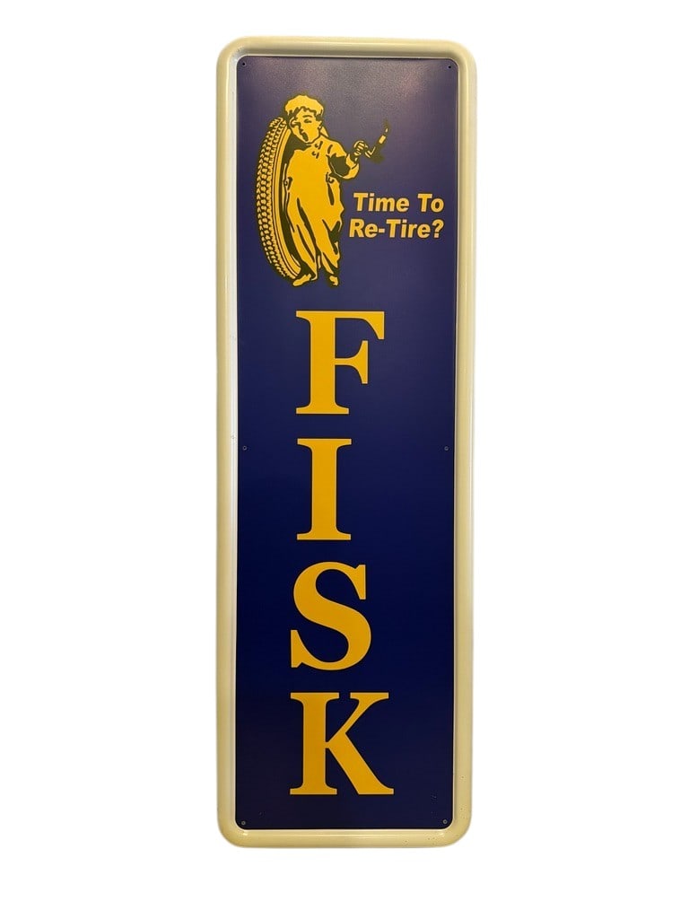 Fisk Tires "Time to Retire" SST Sign: This is a fantasy sign made with original 1947 Coca-Cola blank 1-1/4" rolled edge metal sign. Measures 50" Long x 16"High