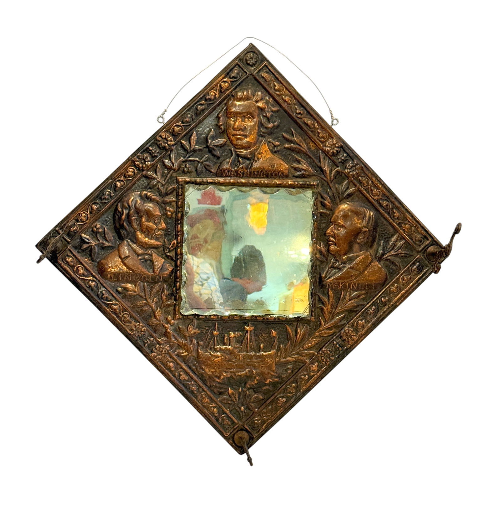 Original 1901 Abraham Lincoln, Washington And Mckinley Embossed Copper Mirror (1 of 7)