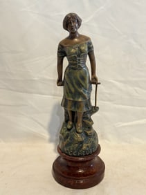 French Bronze Spelter Pecheuse Statue on Wood Base