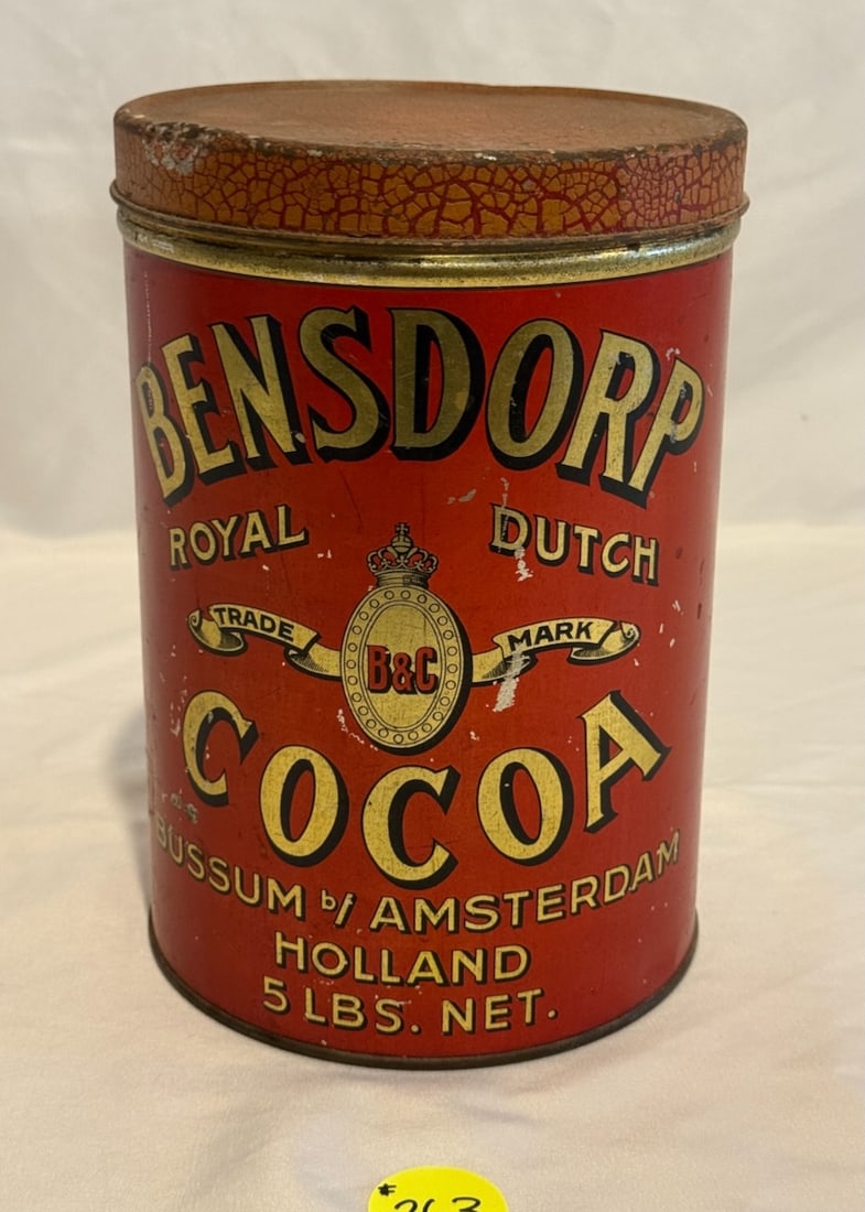 Bensdorp's Royal Dutch Cocoa Tin: Trade Mark. B & C AMSTERDAM-HOLLAND ,9-1/4"" x 5.75"dia