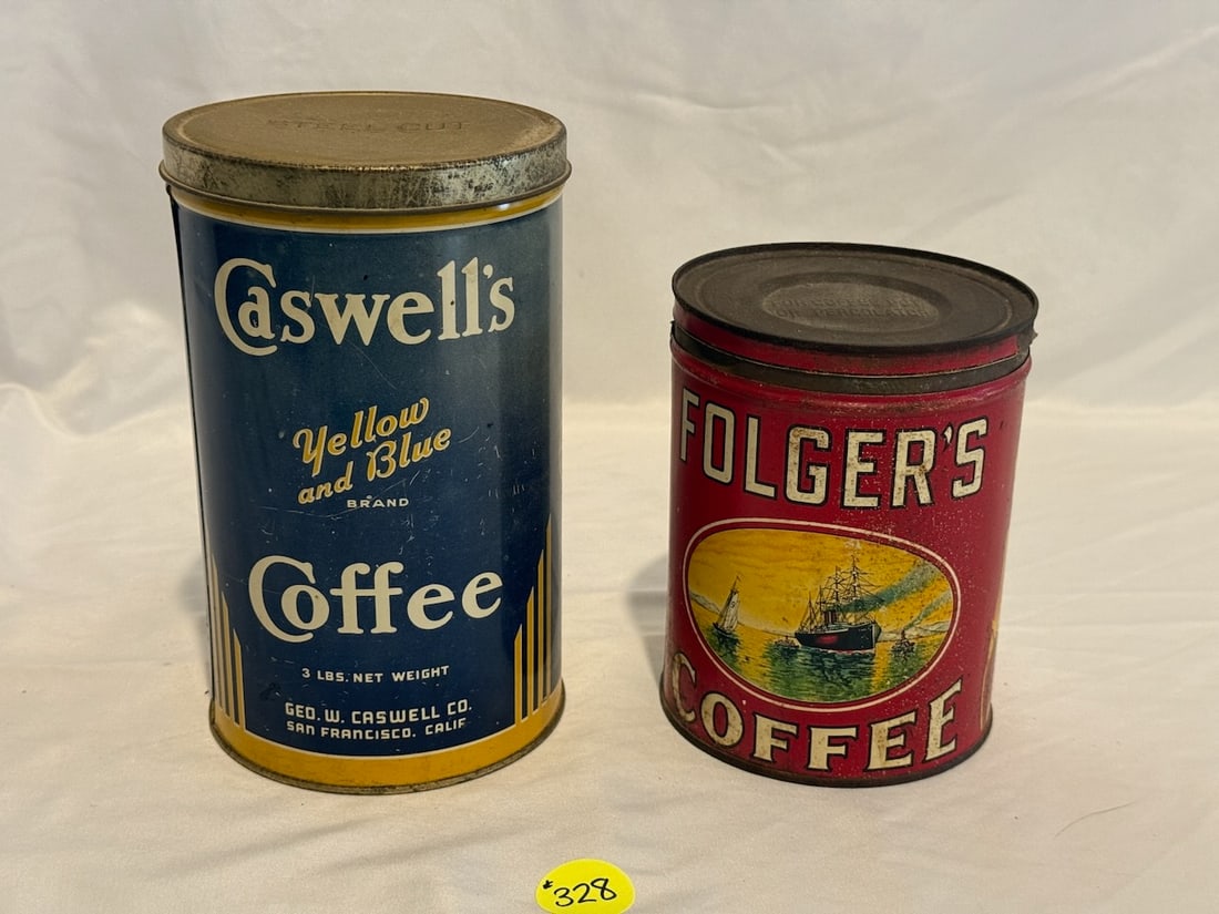 Caswell Yellow/Blue and Folgers Coffee Tins: Largest measures approx. 5.25" x 9". One lot