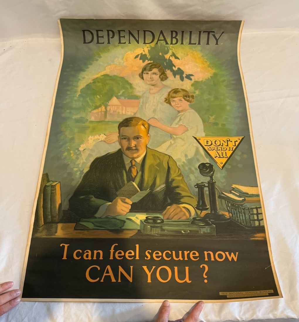 Dependability Lithograph Poster: c1922 National Services Bureau, a couple small tears, Theo A. Schmidt Litho Co., Chicago, 20" x 30"