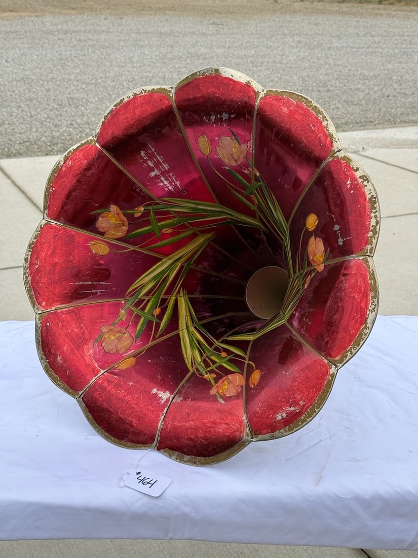 Nickel Phonograph Horn with Red Flowered Cone (1 of 2)