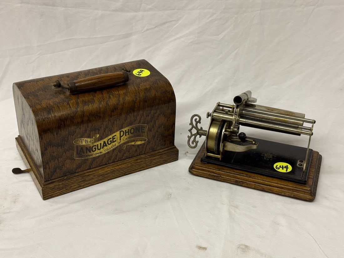 Language Phone Cylinder phonograph: Fancy winding key, reproducer and cover