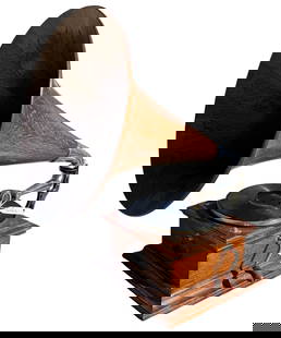 Victor II Disc Phonograph: Exhibition reproducer, crank, and wood smooth/Spear oak horn. Repainted and stenciled back bracket. SN-40218 B