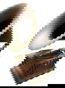 Victor MS "Fancy Case" Rear Mount Disc Phonograph: Exhibition reproducer, crank, record and brass bell horn