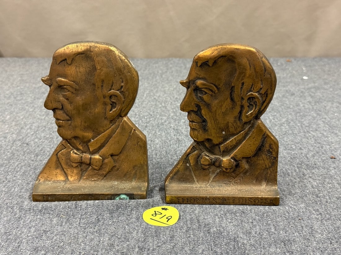 Pair of Brass Edison Bookends: Cast. 6" tall