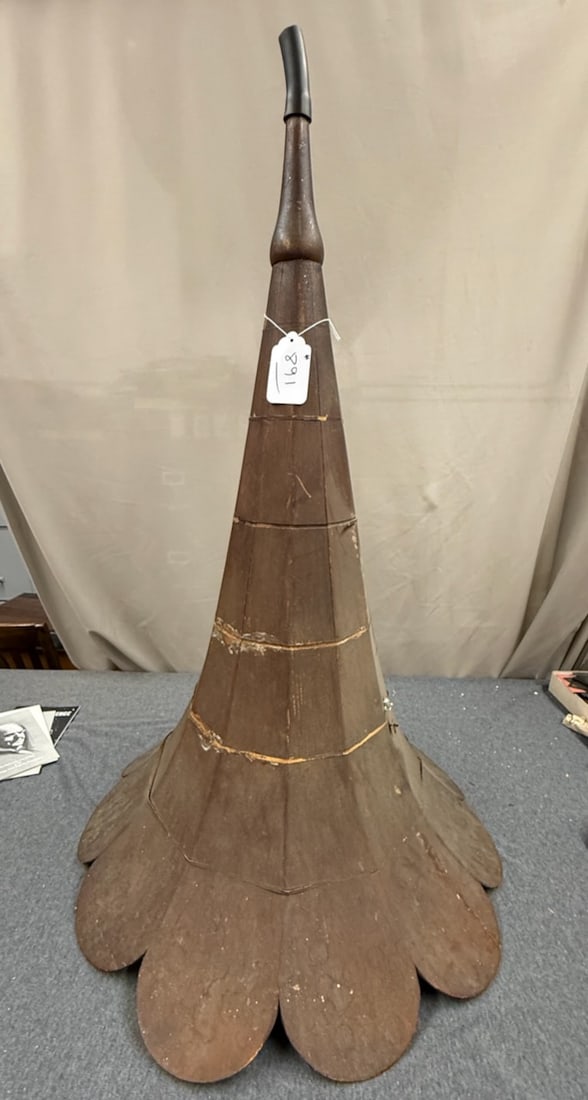 Unusual All Wood Morning Glory Horn: Petal style, paneled. 39" long x 25.75" diameter. Very good condition some of the inlay banding on the exterior is coming loose