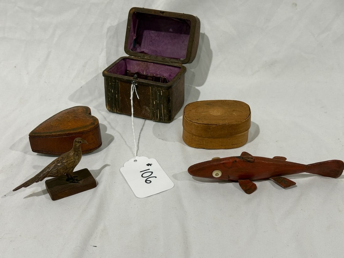 Group of Antique Miniature Pieces: Boxes, carved bird, miniature trunk and spearing decoy