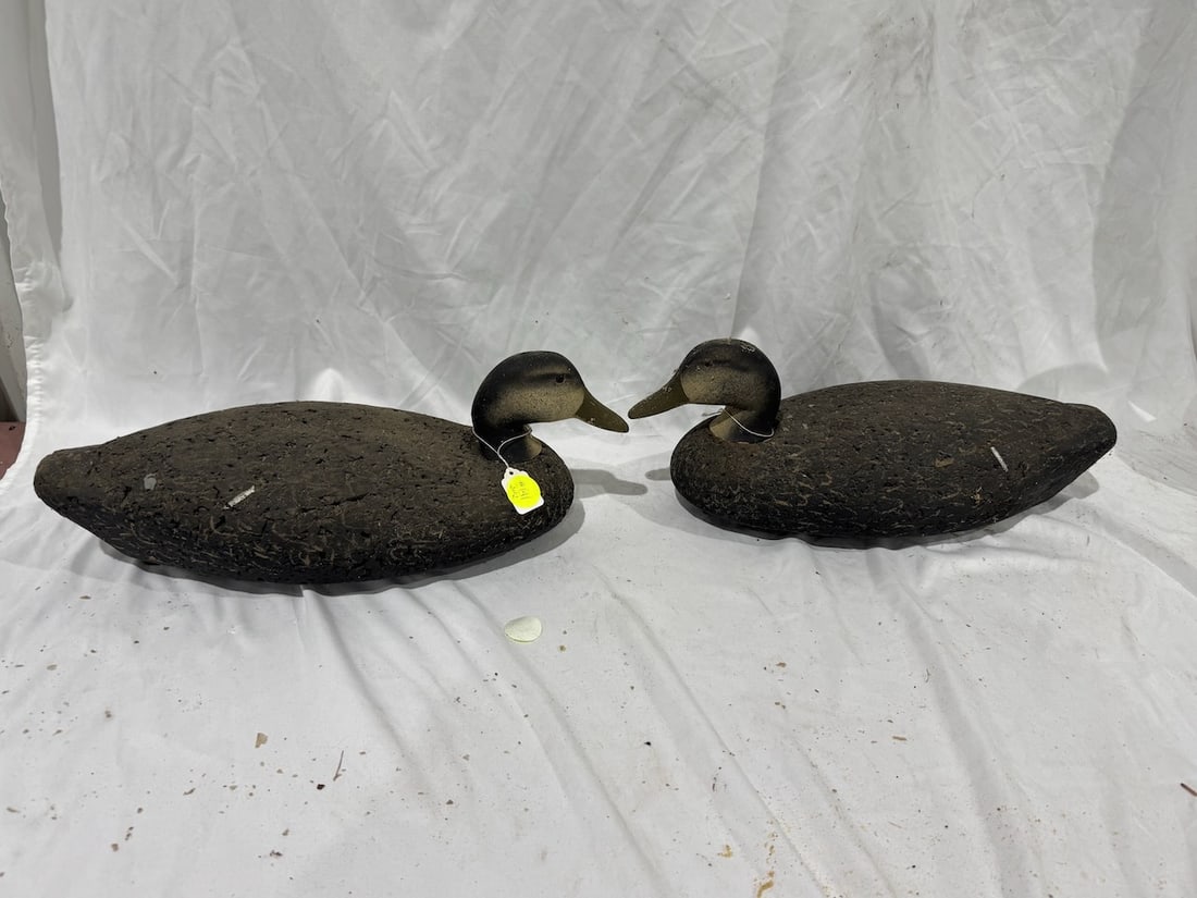 A pair of Antique Decoys: Carved Wooden Heads and Cork Bodies; 21 x 8-1/2 x 7"