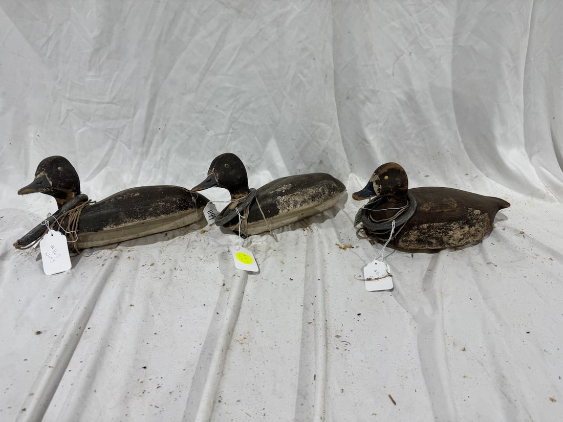 Antique Carved Decoys: All with Ring Water Weights; Center one measures 11-1/2 x 6-1/2 x 7-1/2