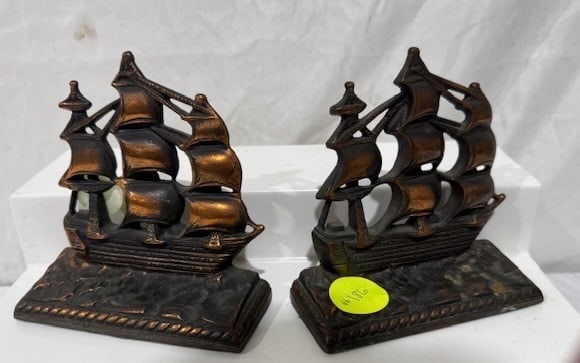 Pair of Cast Iron Ship Bookends: Termed "Victory Sailing Ship"; Marked w/Letter "Z" in a box; Copper Flashed Finish; 5-1/2" x 5-1/2"