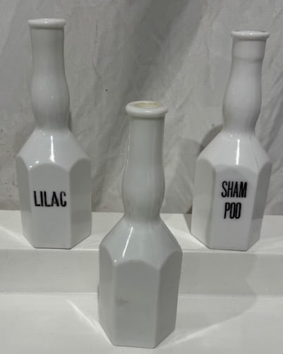 3 Barber Bottles: 2 marked, "Shampoo" and "Lilac"