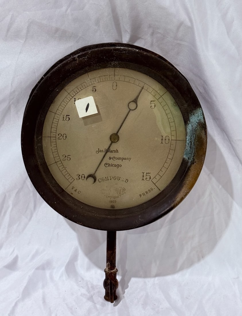 Steam Gauge: Marked "Chicago 1907, Jas. Marsh & Co., Chicago"; 9-3/4" D