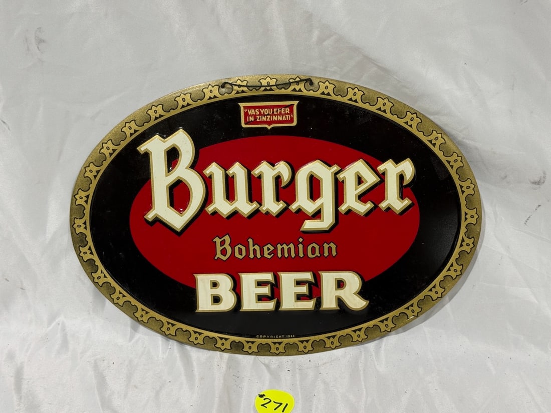 Oval Advertising Sign: Burger Bohemian Beer; 9-1/2 x 13-1/4