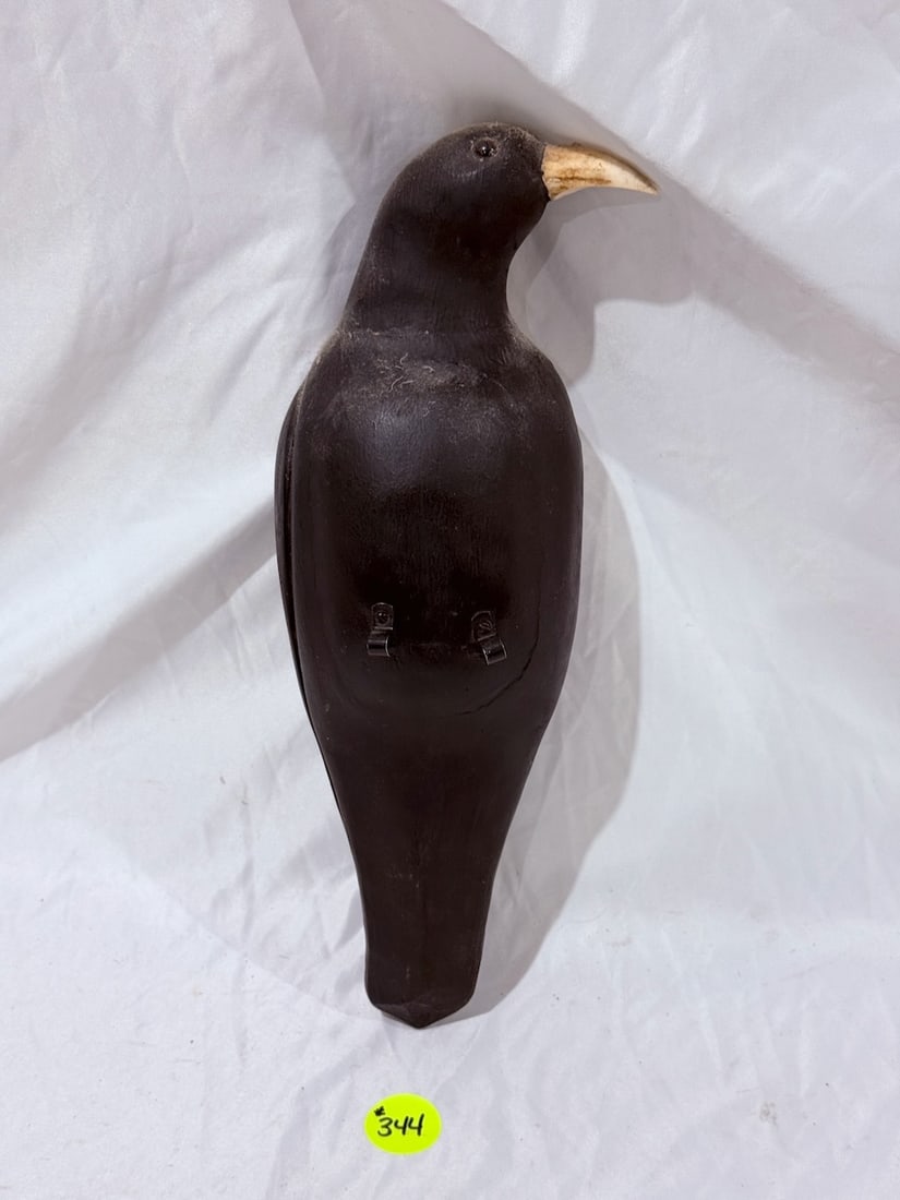 Carved Crow Decoy: With Horned Beak; Stamped by Maker