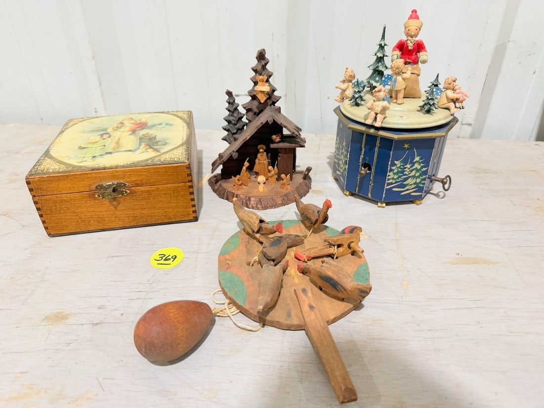 Group of Christmas Items: Including Thorns Music Box, Chicken Toy, Etc.