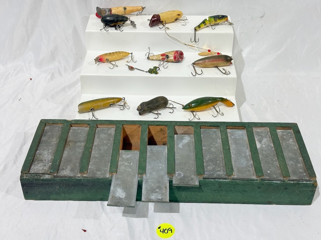 Collection of Fishing Lures with Holder: 11 Lures combined with a green painted lure box w/metal lids