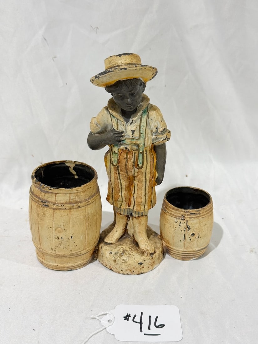 Black Memorabilia Smoking Set: Picturing young boy w/barrels to accommodate cigarettes & cigars