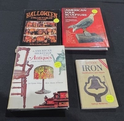 4 Antique Reference Books: American Folk Sculpture", "Antique Iron", "American Heritage History of Antiques" (Civil War to WWI), "Halloween Collectibles