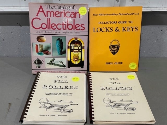 4 Antique Reference Books: The Pill Roller" (Apothecary Antiques - 2 different volumes), "Locks & Keys", "A Catalog of American Collectibles