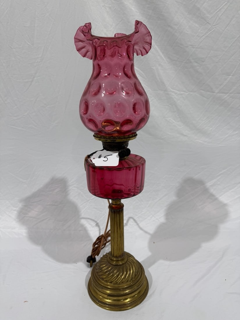 Antique Cranberry Banquet Lamp: Cranberry Font & Coin Spot Ruffled Shade; 27" tall