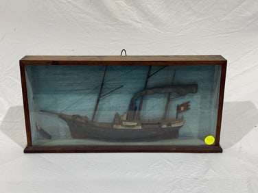 Carved Ship Model in Shadowbox Case