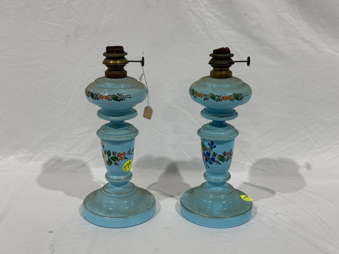 Pair of Blue Victorian Oil Lamps: 16" tall