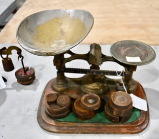 Antique Set of Balance Scales on Wood Platform