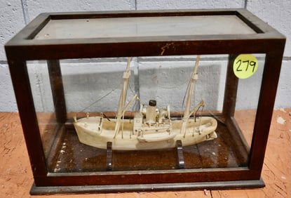 Antique Bone Carved Sailing Ship in Case