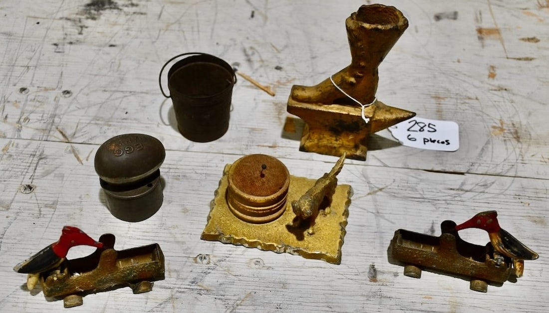 Group of Antique Smalls: Cast Iron Animal w/Boot Match holder, Advertising Biscuit Cutter; Figural Pin Holder w/Dog and 2 Woodpecker Toothpick Holders