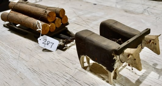 Folk Art Carved Logging Sled Pulled by Team of Oxen