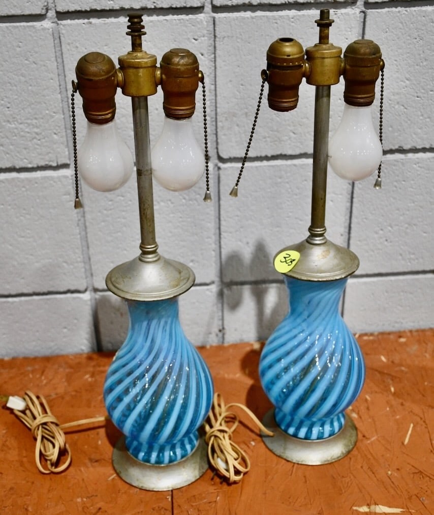 Pair of Blue Opalescent Swirl Lamps: 21" tall