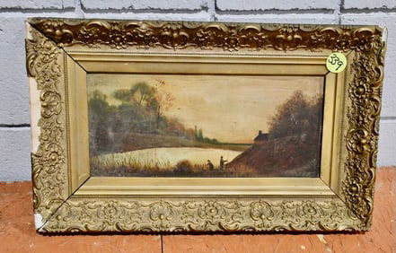 Painting on Board of Lake Scene w/Fisherman