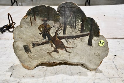 Early Painting on Wood Depicting Hunter w/Deer