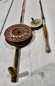 2 Antique Fishing Reels and Rods; one w/Wire Line