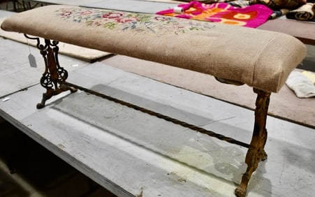Antique 1930's Iron Base Bench; Needlepoint Seat
