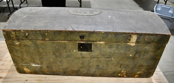 Antique Wooden Hump Back Trunk; Wallpaper Lined