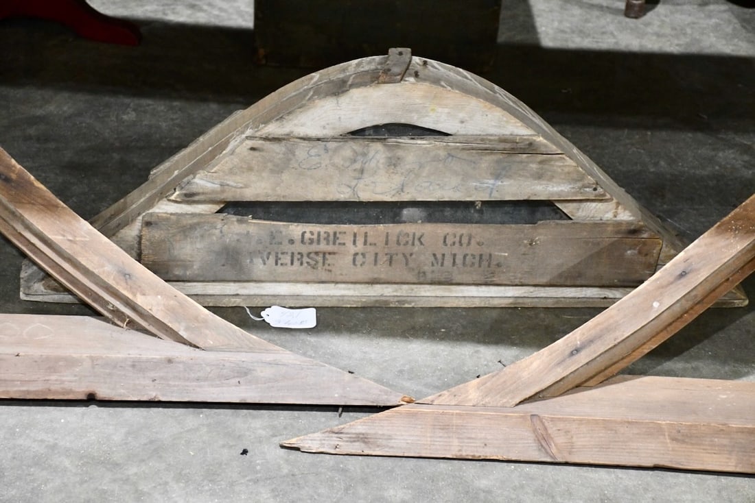 Group of Architectural Pieces: 3 Window Arches; 1 never used; showing Greilick Co., Traverse City, MI; 2 matching which are 64" x 18-1/2"; unused one with glass is 36" x 13"