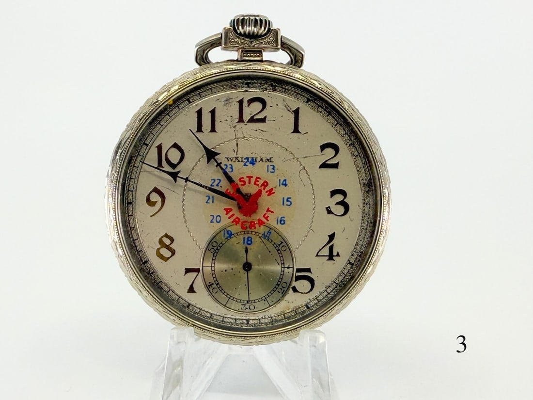 American Waltham Pocket Watch: 12s, 19j, 2-tone, adj. pos, jeweled main wheel, no. 26870852, marked on crystal "Eastern Aircraft "General Motors Div. C1928